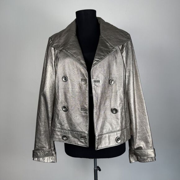 Vintage 80s 90s Spiegel Metallic Silver Cropped Double Breasted Leather Jacket - Picture 13 of 13